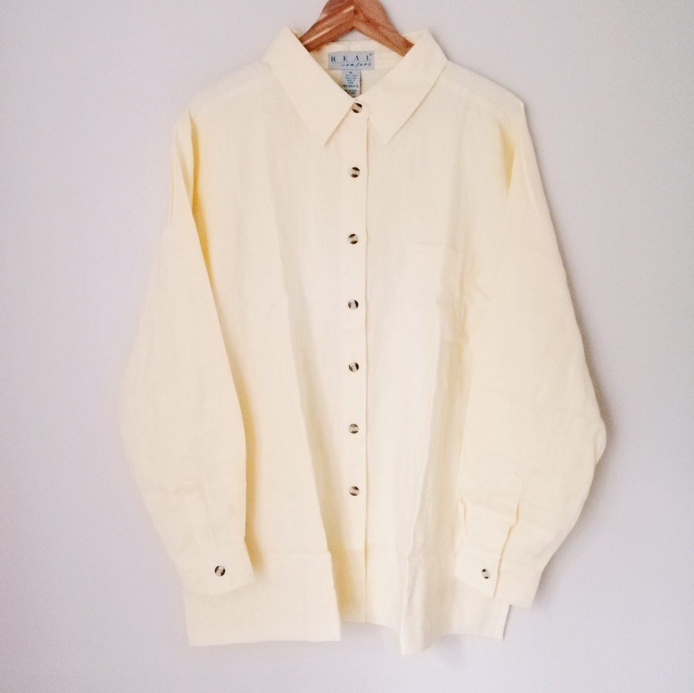 100% Linen Button Up Blouse Yellow Real Comfort